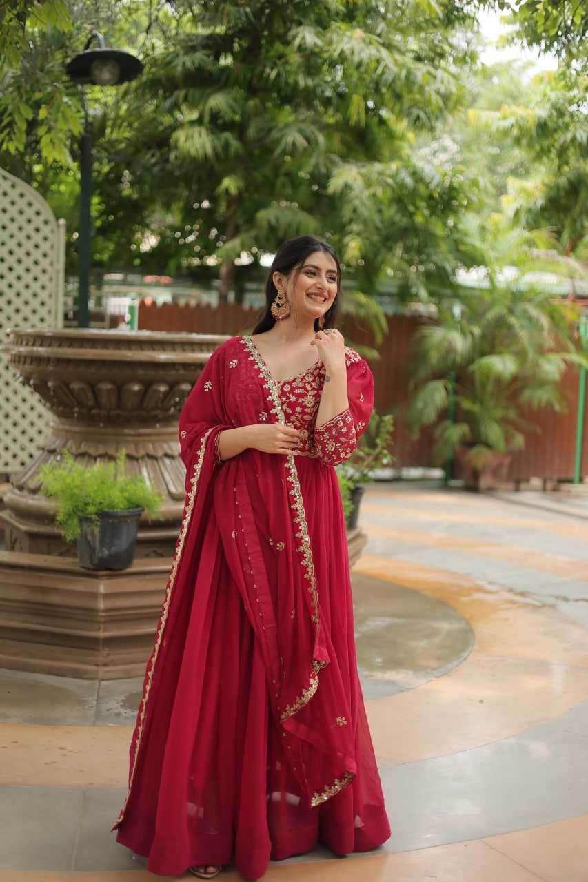 Faux Blooming Embroidery Anarkali Long Gown WITH-DUPATTA - MYLUXURY LANE ENTERPRISE